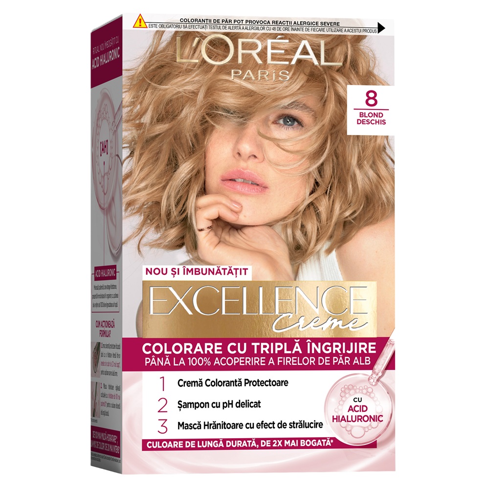Vopsea de par cu acid hialuronic Excellence Color Creme 8 Blond Deschis, 192 ml, Loreal