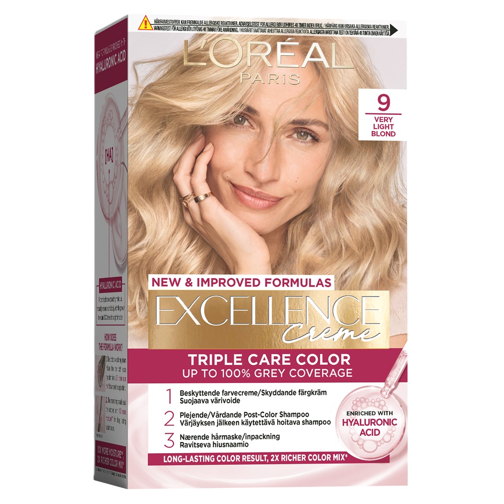 Vopsea de par cu acid hialuronic Excellence Color Creme 9 Blond Foarte Deschis, 192 ml, Loreal