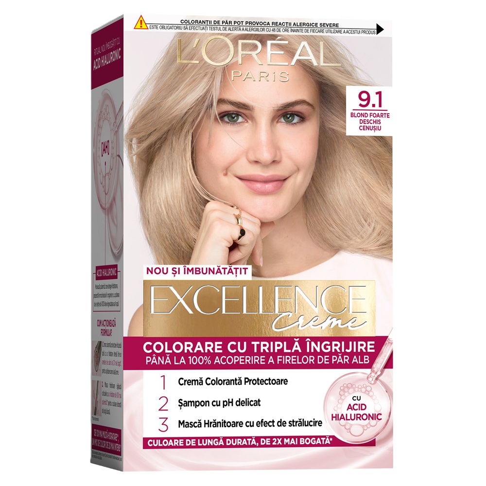 Vopsea de par cu acid hialuronic Excellence Color Creme 9.1 Blond Foarte Deschis Cenusiu, 192 ml, Loreal