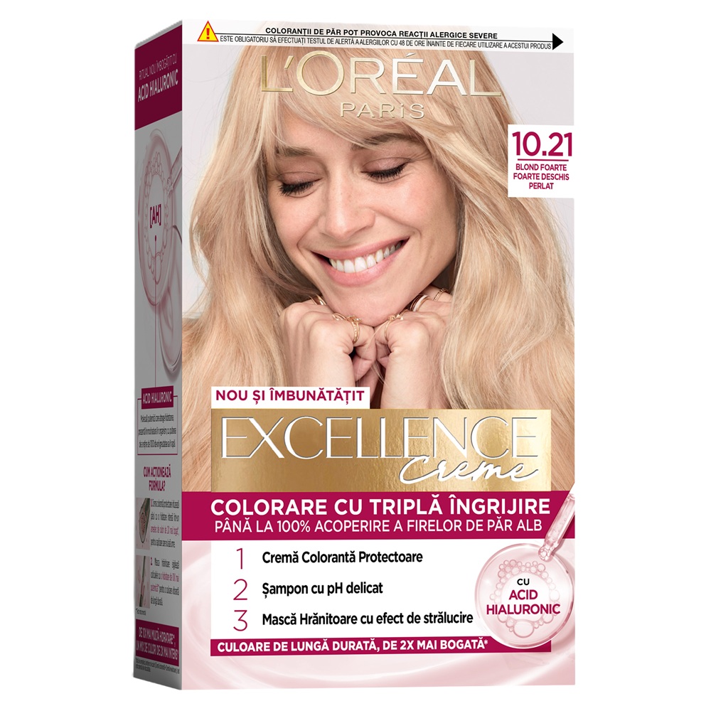 Vopsea de par cu acid hialuronic Excellence Color Creme 10.21 Blond Foarte Deschis Perlat, 192 ml, Loreal