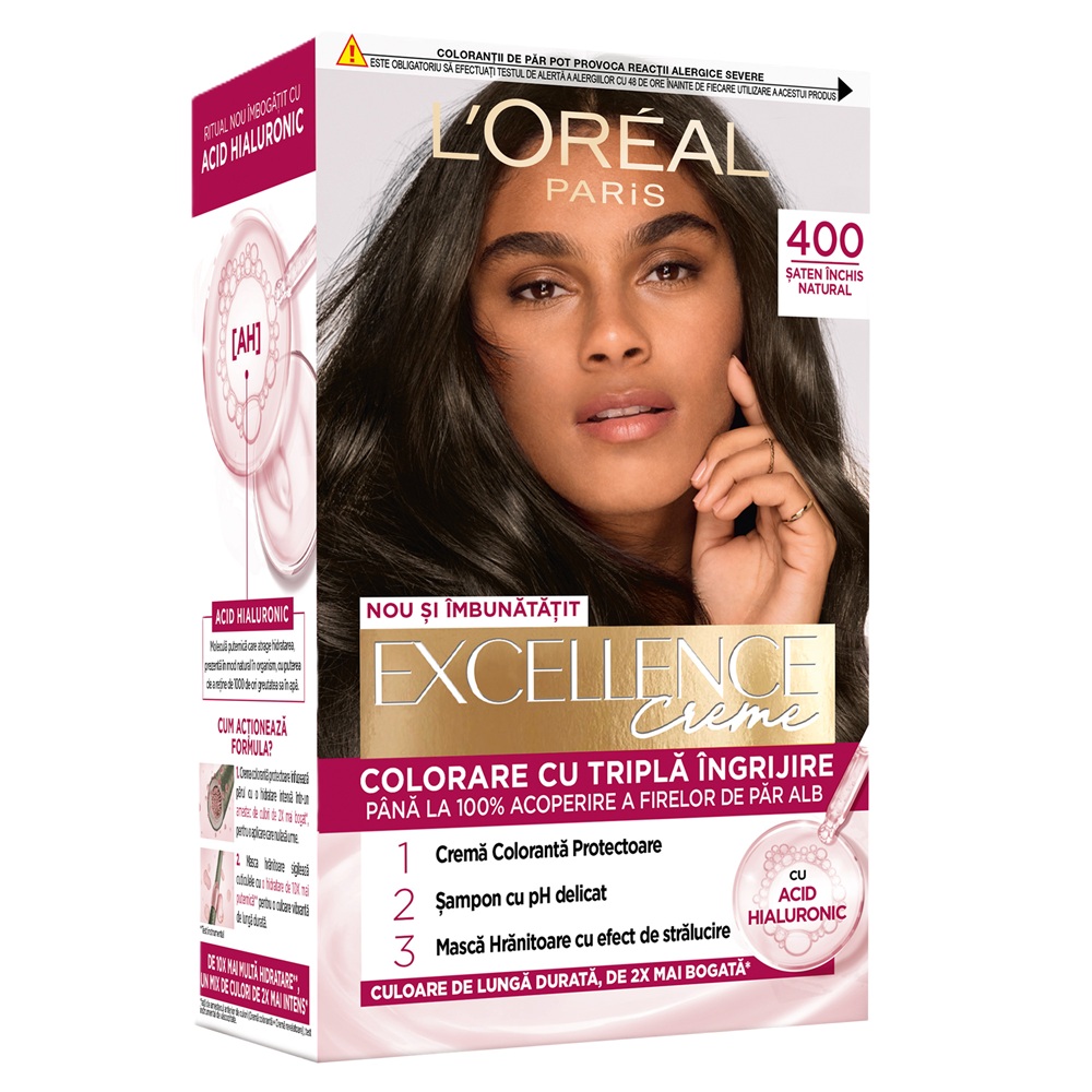 Vopsea de par cu acid hialuronic Excellence Color Creme 400 Saten Inchis Natural, 192 ml, Loreal