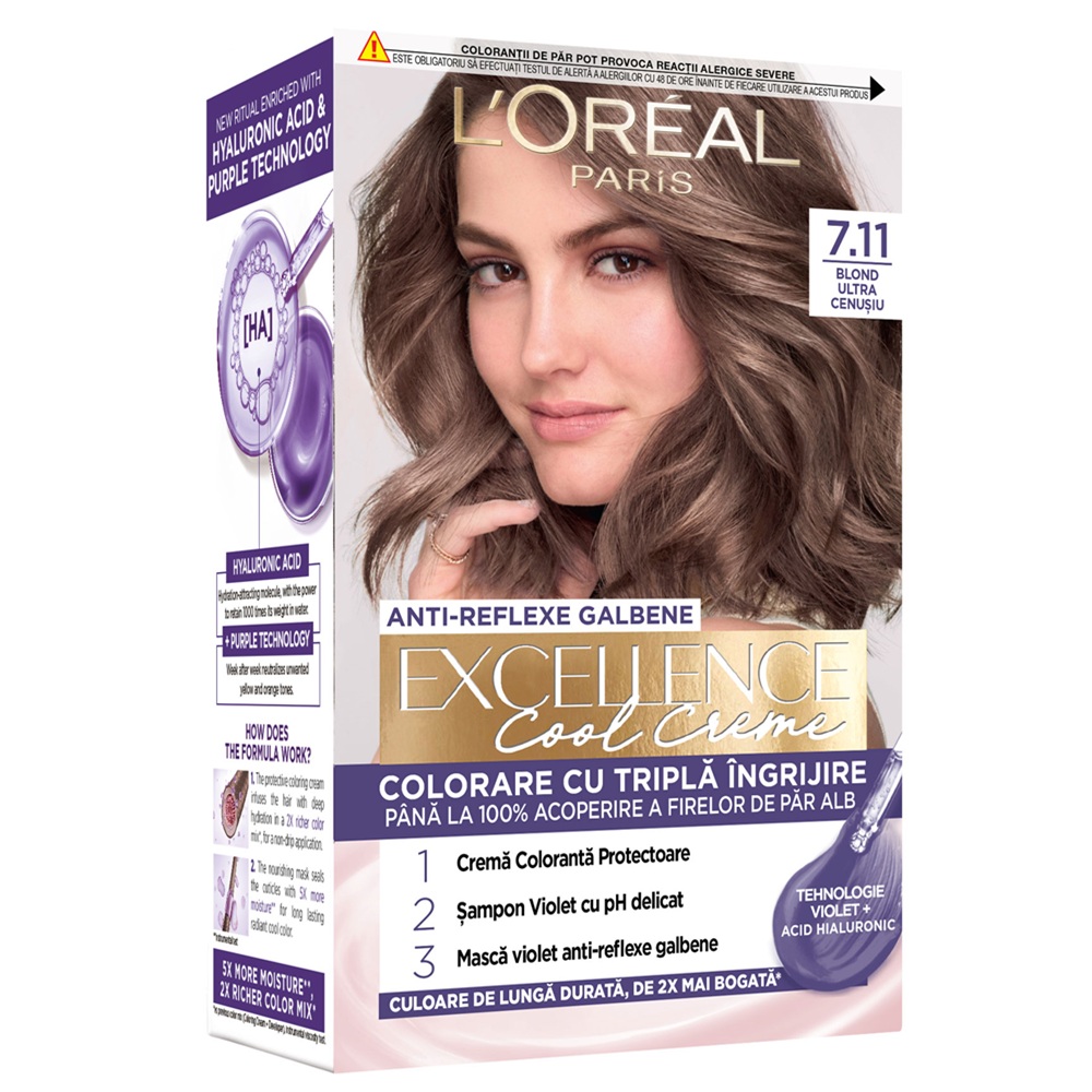 Vopsea de par Excellence Cool Creme 7.11 Ultra Ash Blonde, 192 ml, Loreal