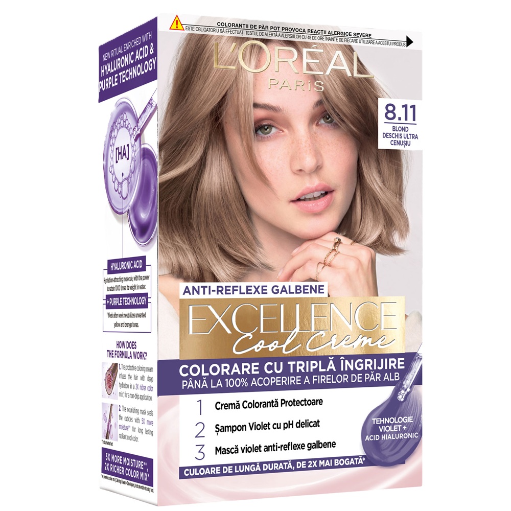 Vopsea de par Excellence Cool Creme 8.11 Ultra Ash Light Blonde, 192 ml, Loreal