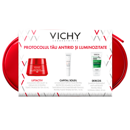 Trusa Crema de zi Liftactiv Collagen Specialist 16, 50 ml + Fluid cu SPF 50+ Capital Soleil, 15 ml + Sampon anti-matreata Dercos, 50 ml, Vichy 689972