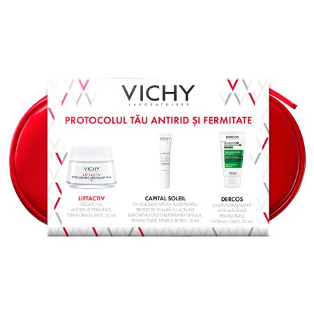 Trusa Crema de zi Liftactiv Hyaluronic Specialist H.A, 50 ml + Fluid cu SPF 50+ Capital Soleil, 15 ml + Sampon anti-matreata Dercos, 50 ml, Vichy 689977