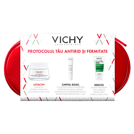 Trusa Crema de zi Liftactiv Hyaluronic Specialist H.A, 50 ml + Fluid cu SPF 50+ Capital Soleil, 15 ml + Sampon anti-matreata Dercos, 50 ml, Vichy 689977