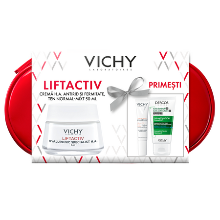 Trusa Crema de zi Liftactiv Hyaluronic Specialist H.A, 50 ml + Fluid cu SPF 50+ Capital Soleil, 15 ml + Sampon anti-matreata Dercos, 50 ml, Vichy