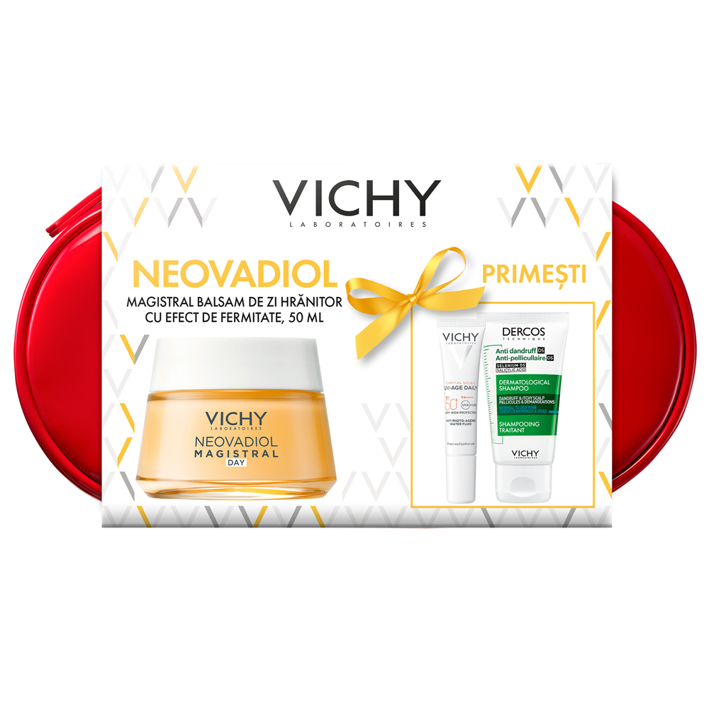 Trusa Balsam de zi hranitor cu efect de fermitate Neovadiol Magistral, 50 ml + Fluid cu SPF 50+ Capital Soleil, 15 ml + Sampon anti-matreata Dercos, 50 ml, Vichy