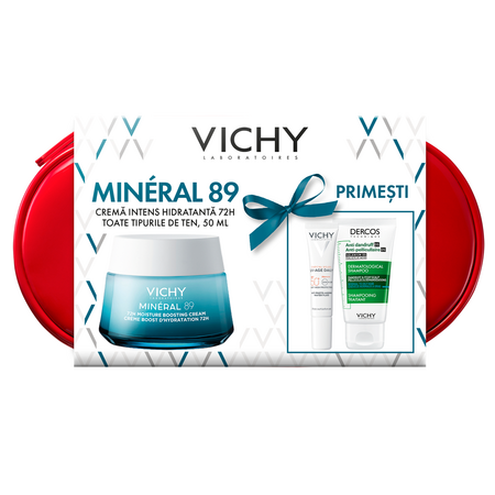 Trusa Crema pentru toate tipurile de ten Mineral 89, 50 ml + Fluid cu SPF 50+ Capital Soleil, 15 ml + Sampon anti-matreata Dercos, 50 ml, Vichy