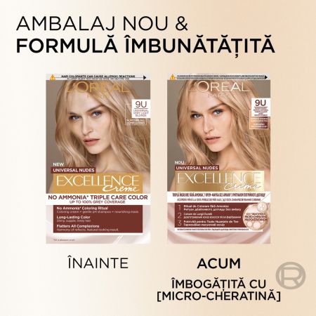 Vopsea de par fara amoniac Excellence Universal 9U Very Light Blonde, 192 ml, Loreal 696033