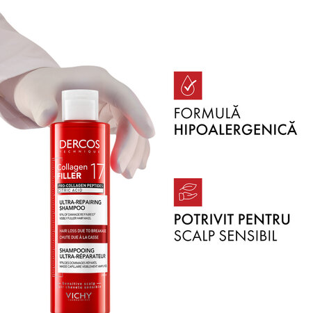 Sampon ultra-reparator pentru par deteriorat si fragil Dercos Collagen 17 Filler, 200 ml, Vichy 690691