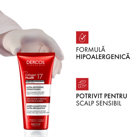 Balsam ultra-reparator cu peptide Pro-Colagen si acid citric Dercos Collagen 17 Filler, 200 ml, Vichy 690710
