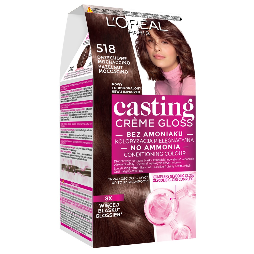 Vopsea de par fara amoniac Casting Creme Gloss 518 Hazelnut Moccaccino, 180 ml, Loreal