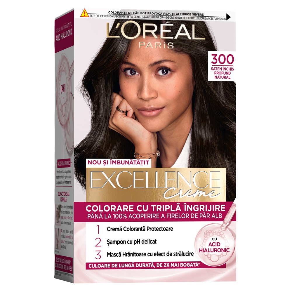 Vopsea de par cu acid hialuronic Excellence Color Creme 300 Saten Inchis Profund Natural, 192 ml, Loreal