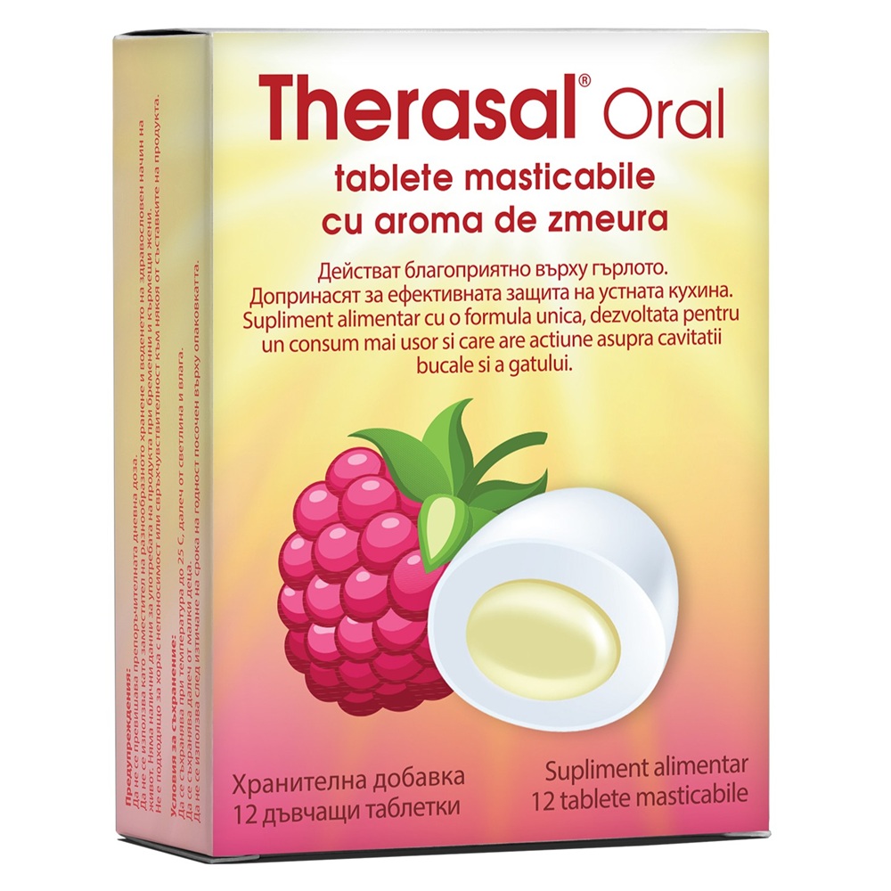 Tablete masticabile cu aroma de zmeura Therasal Oral, 12 tablete, Vedra
