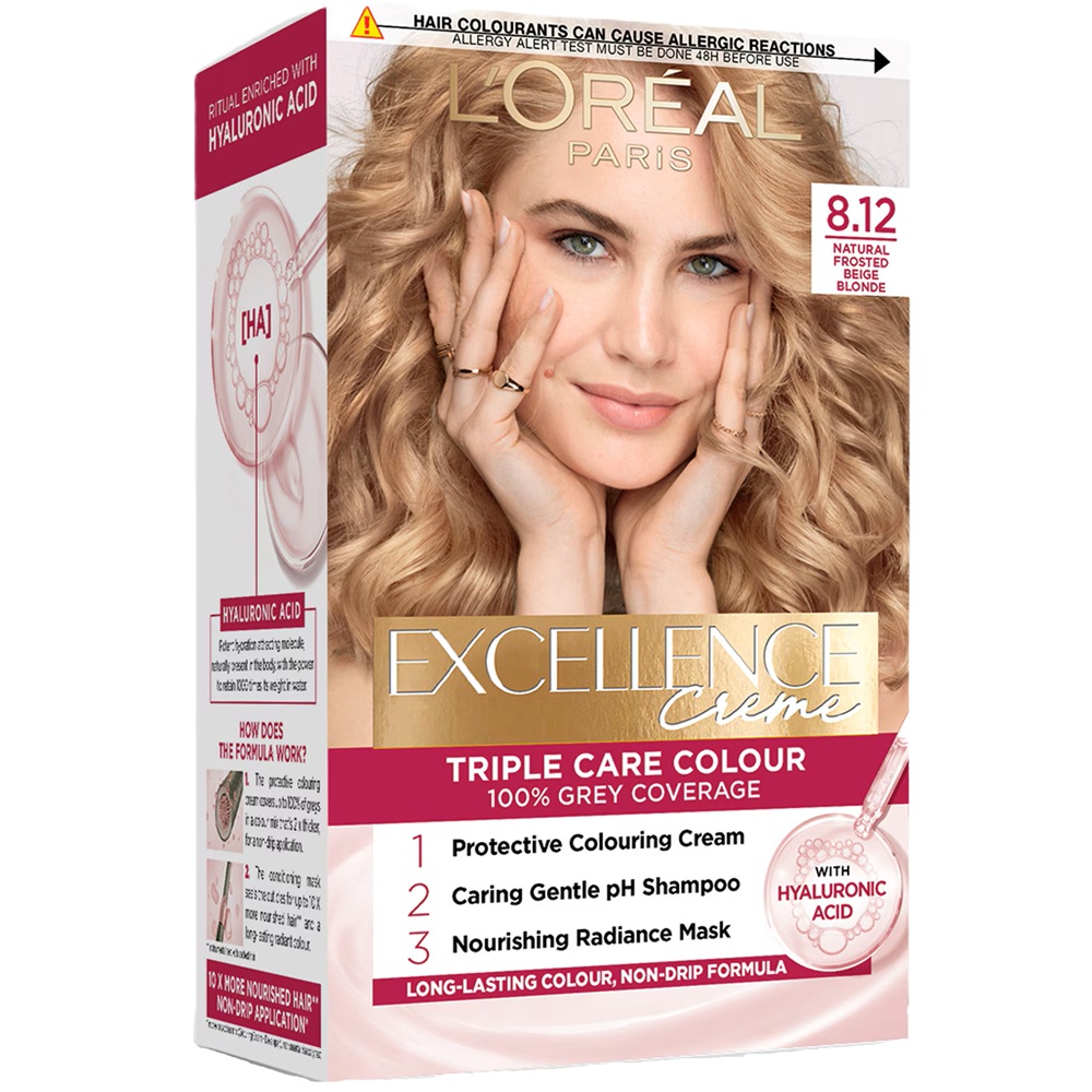 Vopsea de par cu acid hialuronic Excellence Color Creme 8.12 Blond Bej, 192 ml, Loreal