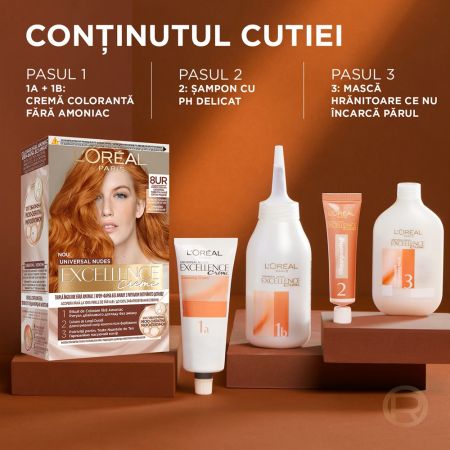 Vopsea de par fara amoniac Excellence Universal 8UR Cupru Deschis, 192 ml, Loreal 691022
