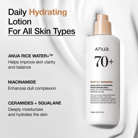 Emulsie hidratanta cu ceramide Rice 70+ Intensive Moisturizing Milk, 150 ml, Anua 691208
