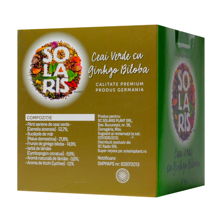 Ceai verde cu Ginko Biloba, 20 doze x 2 g, Solaris 691399