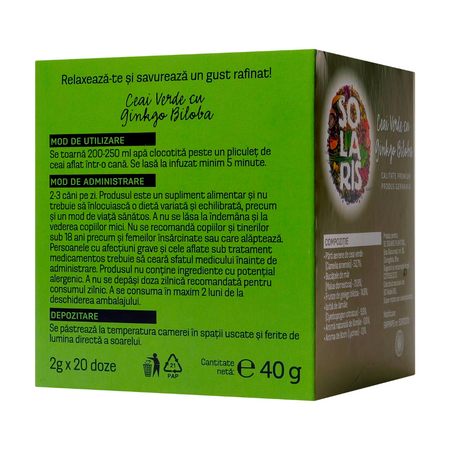 Ceai verde cu Ginko Biloba, 20 doze x 2 g, Solaris 691400