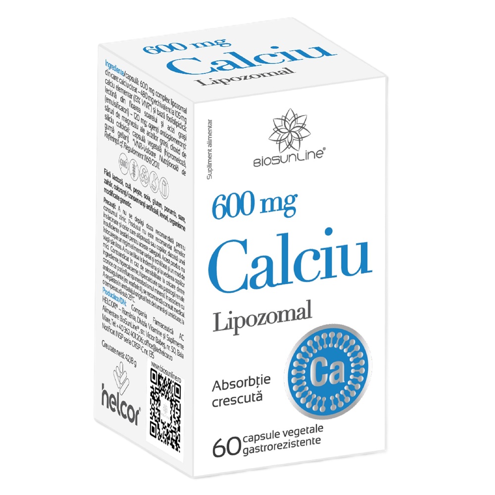 Calciu Lipozomal, 600 mg, 60 capsule vegetale gastrorezistente, BioSunLine
