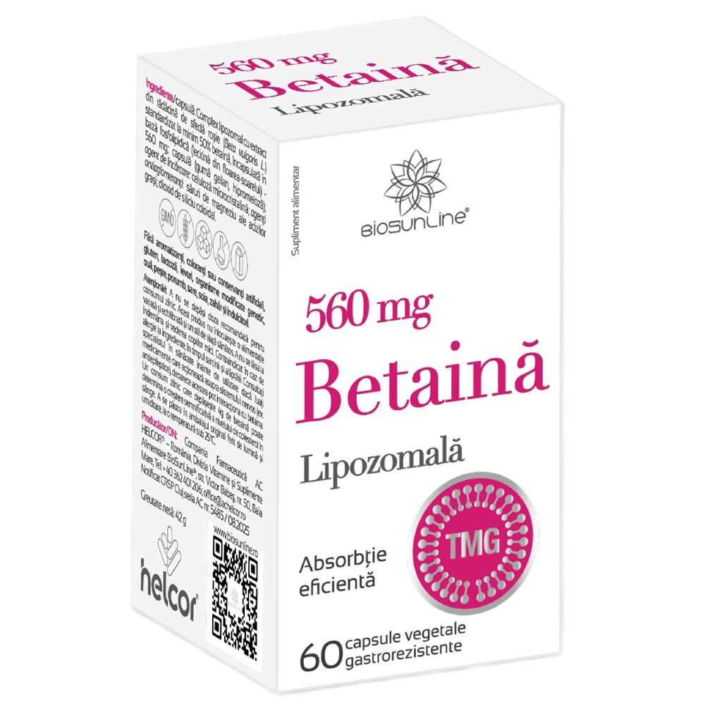 Betaina Lipozomala, 560 mg, 60 capsule vegetale gastrorezistente, BioSunLine