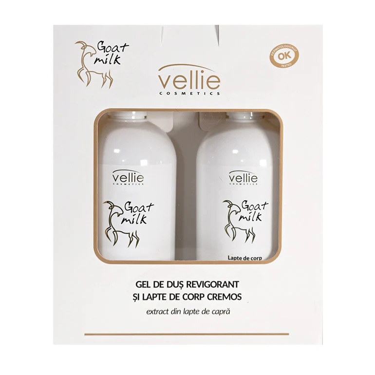 Set Gel de dus revigorant 500 ml + Lapte de corp cremos 500 ml Goat Milk, Vellie