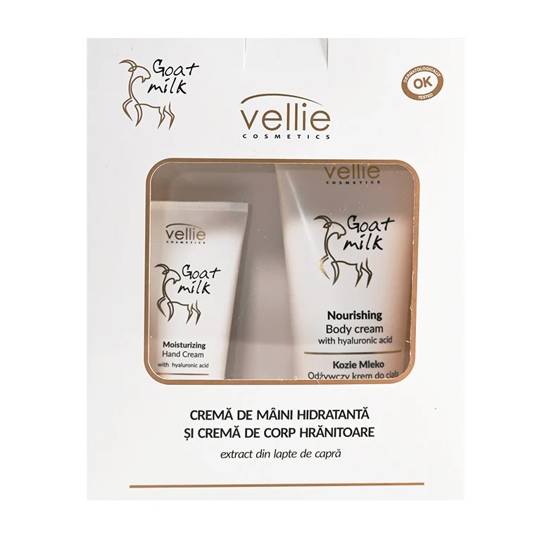 Set Crema de corp hranitoare 200 ml + Crema de maini hidratanta 100 ml Goat Milk, Vellie
