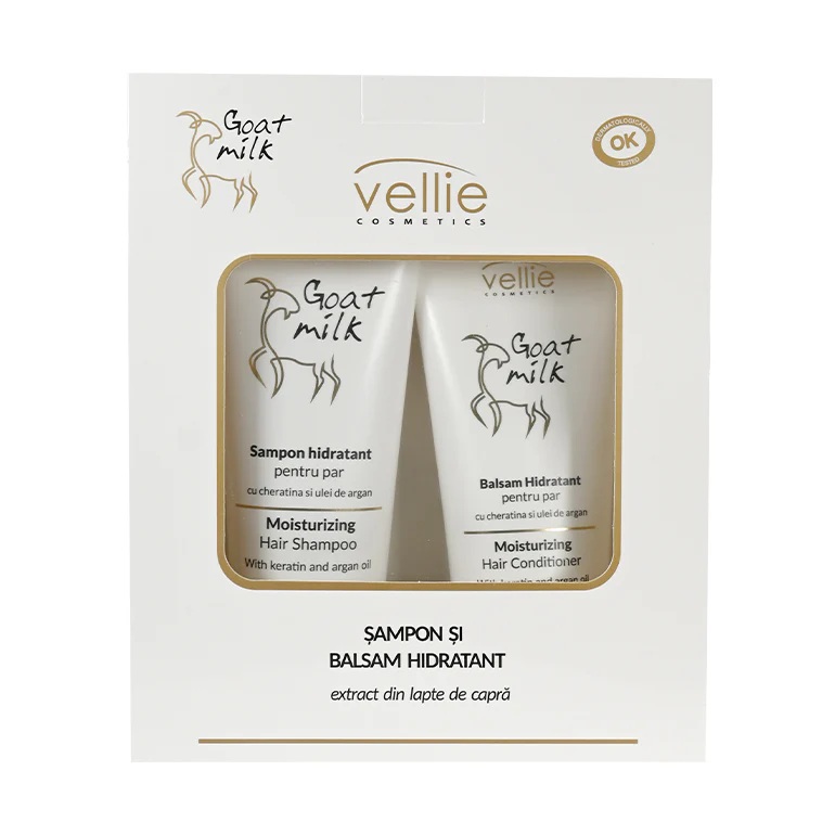 Set Sampon hidratant pentru par deteriorat 250 ml + Balsam de par hidratant 200 ml Goat Milk, Vellie