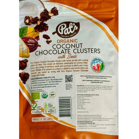 Gustare crocanta organica din nuca de cocos cu ciocolata, 140 g, Pat's 736860