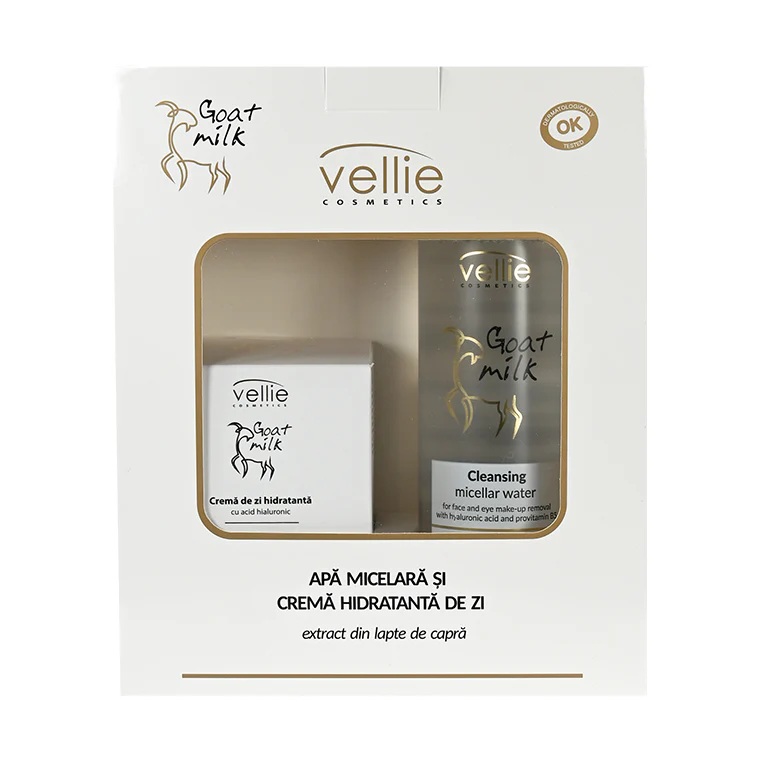 Set Apa micelara hidratanta cu acid hialuronic 400 ml + Crema hidratanta de zi cu acid hialuronic pentru fata 50 ml Goat Milk, Vellie