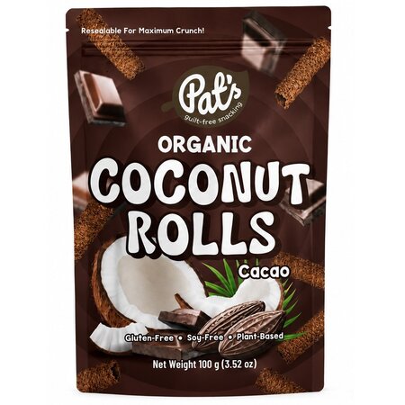 Eticheta Produs Rulouri crocante organice din nuca de cocos cu cacao, 100 g, Pat's