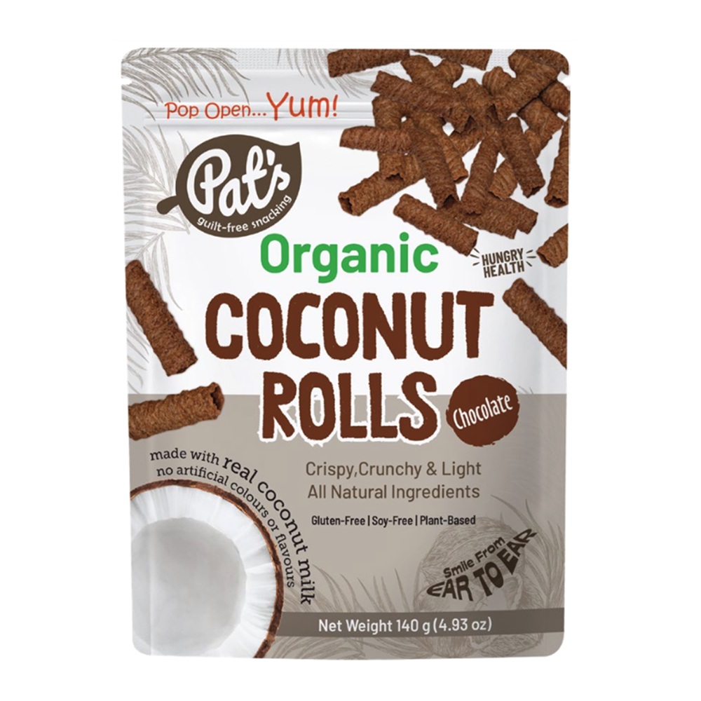 Rulouri crocante organice din nuca de cocos cu ciocolata, 140 g, Pat's