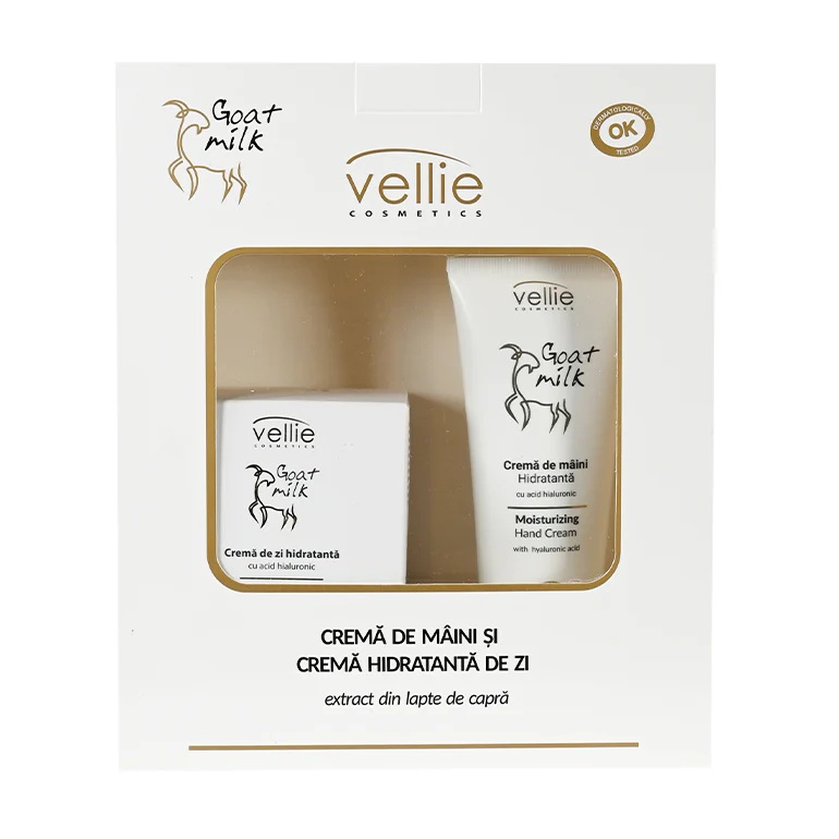 Set Crema de maini hidratanta cu Acid hialuronic 100 ml + Crema hidratanta de zi cu Acid hialuronic pentru fata 50 ml Goat Milk, Vellie