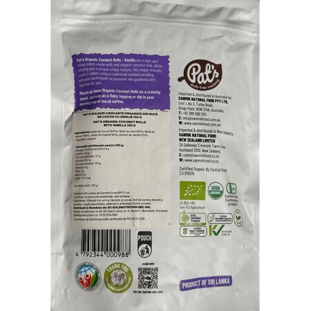 Rulouri crocante organice din nuca de cocos cu vanilie, 100 g, Pat's 736853