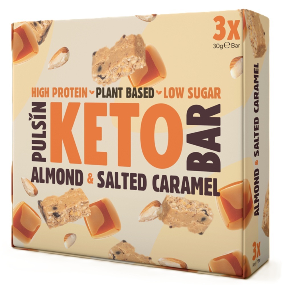 Baton proteic cu migdale si caramel sarat Keto Bar, 3x30 g, Pulsin
