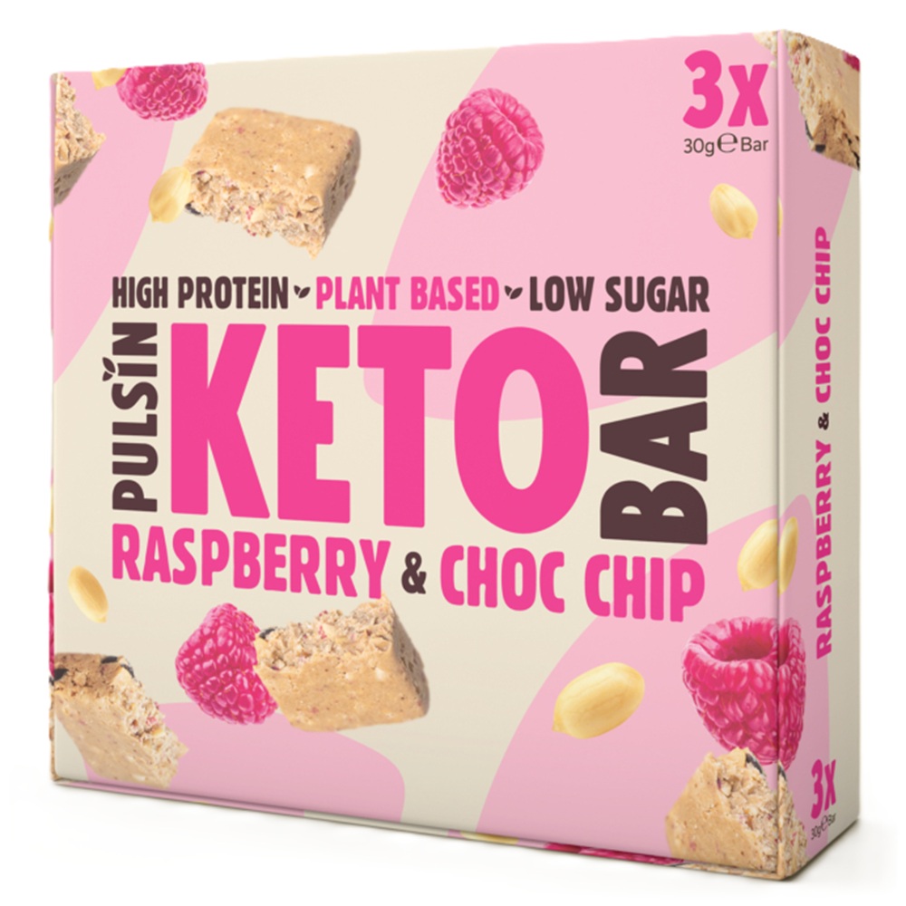 Baton proteic cu zmeura si cipsuri de ciocolata Keto Bar, 3x30 g, Pulsin