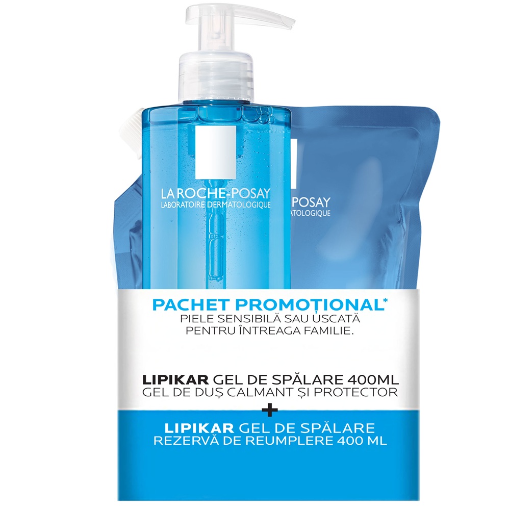 Pachet Gel de dus calmant si protector Lipikar, 400 ml + Rezerva, 400 ml, La Roche-Posay