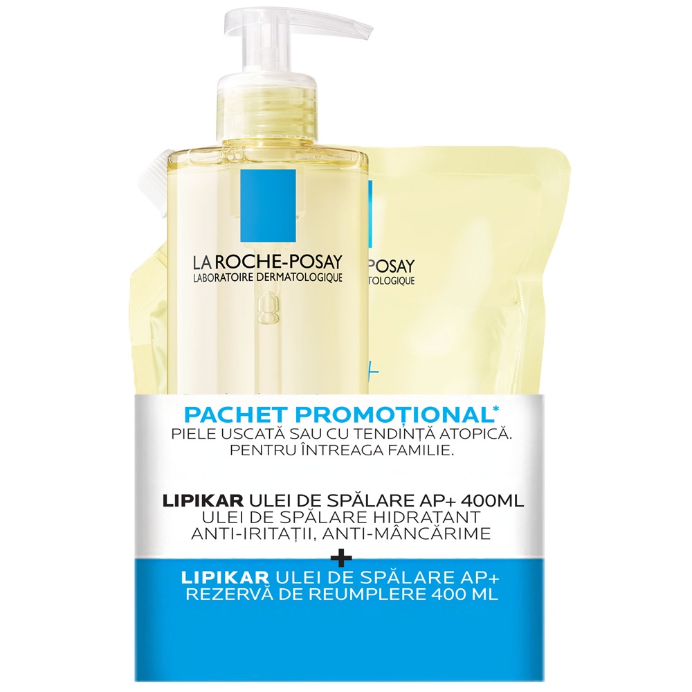 Pachet Ulei de spalare hidratant pentru piele uscata sau cu tendinta atopica Lipikar AP+, 400 ml + Rezerva, 400 ml, La Roche-Posay