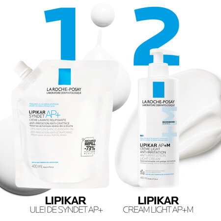 Pachet Crema de spalare ultra-delicata, pentru pielea uscata cu tendinta atopica Lipikar Syndet AP+, 400 ml + Rezerva, 400 ml, La Roche-Posay 693073