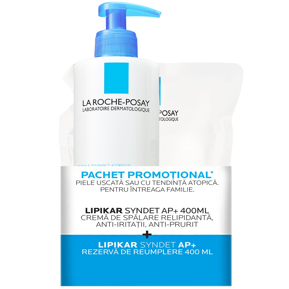 Pachet Crema de spalare ultra-delicata, pentru pielea uscata cu tendinta atopica Lipikar Syndet AP+, 400 ml + Rezerva, 400 ml, La Roche-Posay