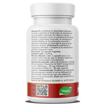 Vitamina D3 5000 UI + K2 100 MCG Forte, 30 capsule vegetale, Nutrific 691940