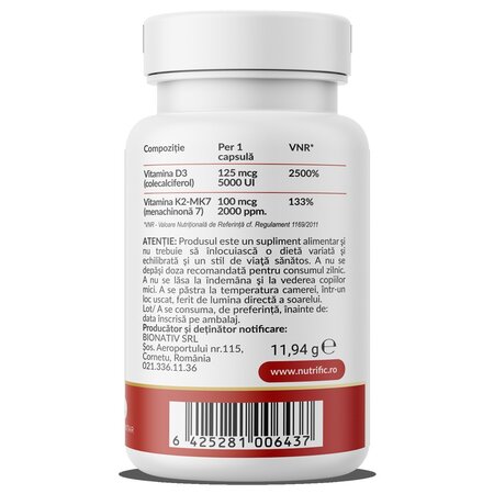 Vitamina D3 5000 UI + K2 100 MCG Forte, 30 capsule vegetale, Nutrific 691941