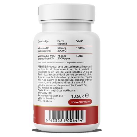 Vitamina D3 2000 UI + K2 75 MCG Optim, 30 capsule vegetale, Nutrific 691953