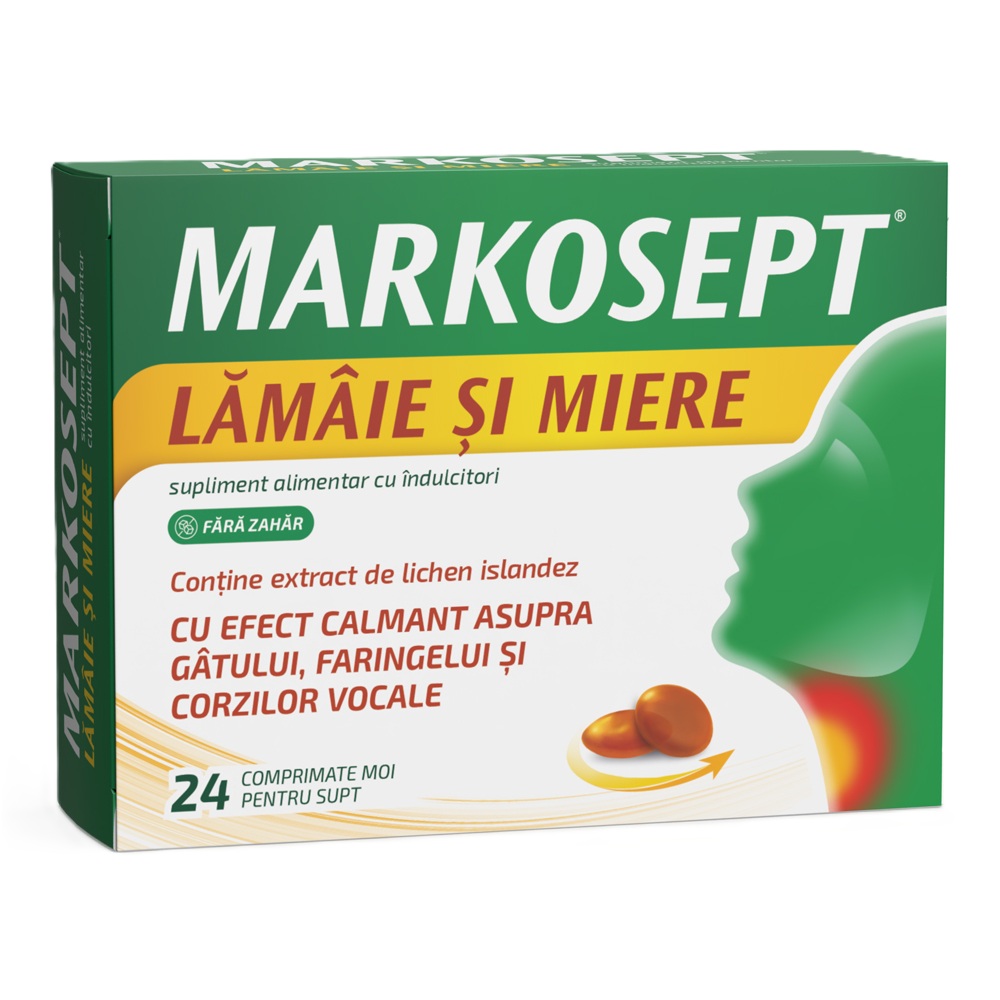 Markosept cu aroma de lamaie si miere, 24 comprimate moi pentru supt, Fiterman Pharma