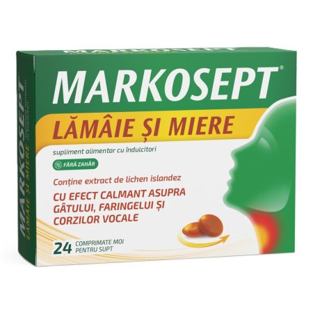 Markosept cu aroma de lamaie si miere, 24 comprimate moi pentru supt, Fiterman Pharma
