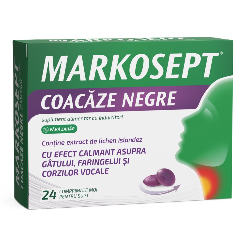Markosept cu aroma de coacaze negre, 24 comprimate moi pentru supt, Fiterman Pharma