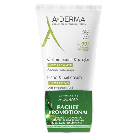 Set Crema hidratanta pentru maini si unghii cu Acid Hialuronic, 50 ml + 50 ml, A-Derma