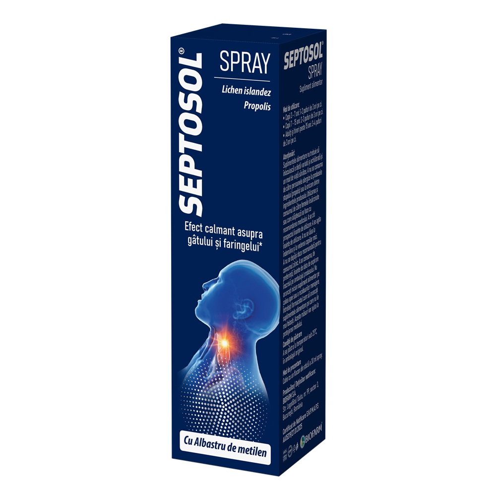 Septosol spray cu albastru de metilen, lichen islandez si propolis, 30 ml, Biofarm