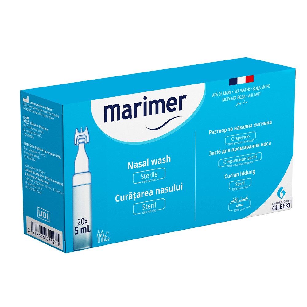 Solutie fiziologica din apa de mare pentru caratarea nasului Marimer Izotonic, 20 unidoze x 5 ml, Gilbert